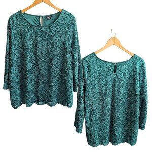 SIMPLY EMMA Emerald Green Lace Overlay Trumpet Sleeve Nylon Top Elegant Size 2X